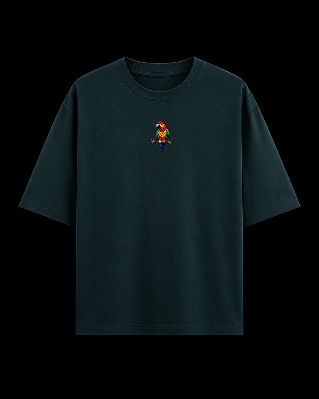 Embroidered scarlet macaw perched on branch