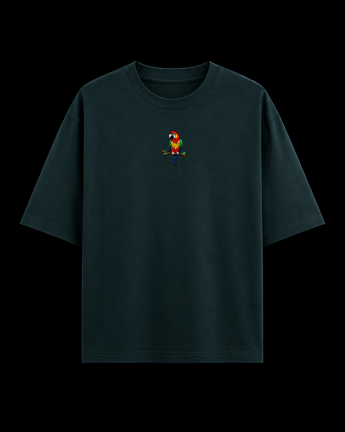 Embroidered scarlet macaw perched on branch