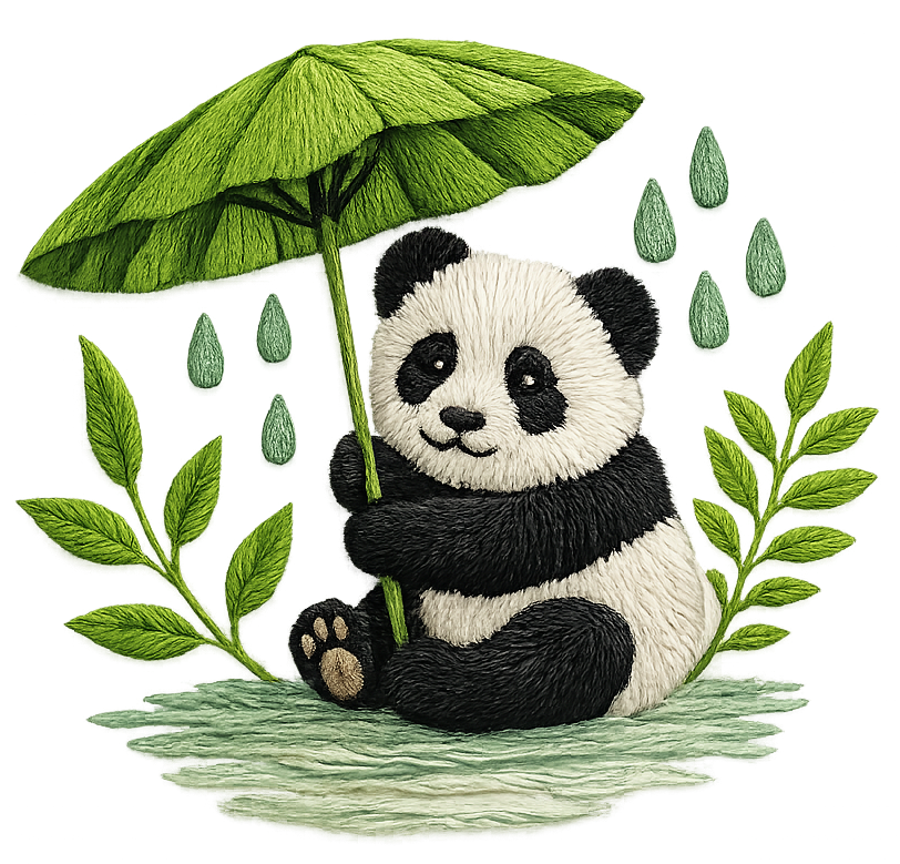 Panda under a leaf umbrella