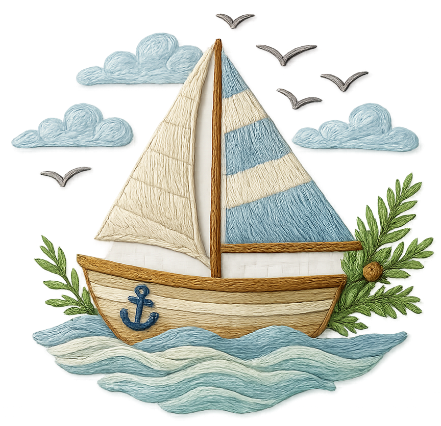 Embroidered sailboat on ocean waves