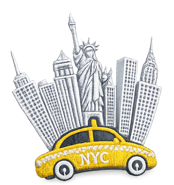 Yellow taxi with NYC skyline
