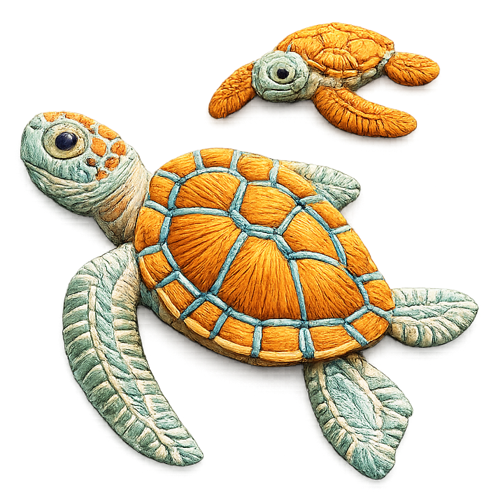 Embroidered sea turtles in motion