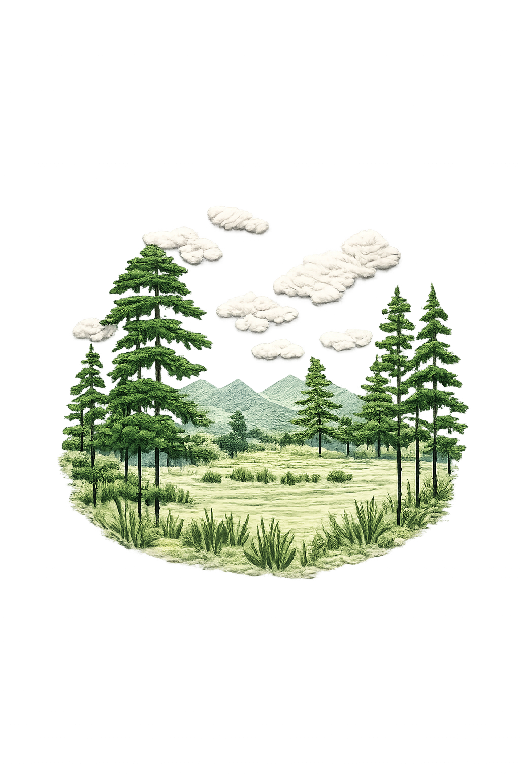 Embroidered forest with rolling mountains