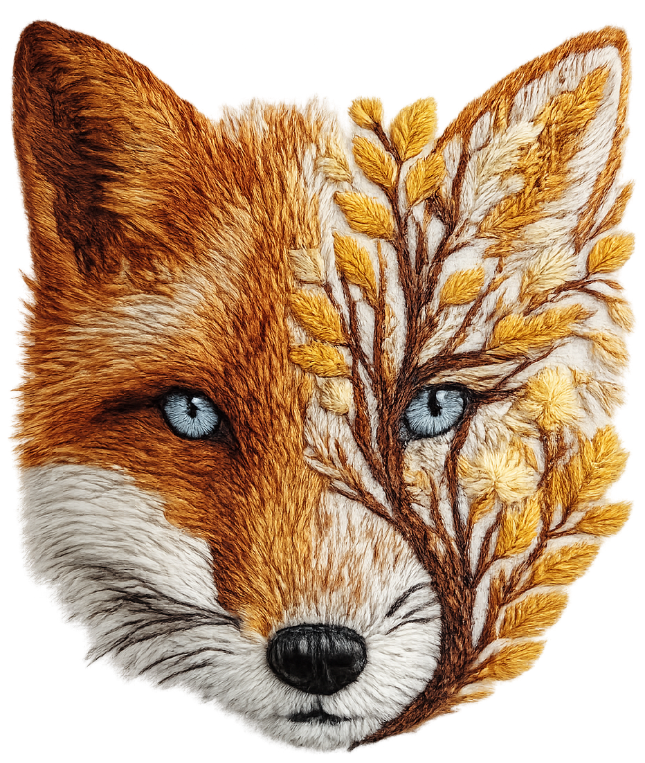 Intricate embroidered fox with golden leaves