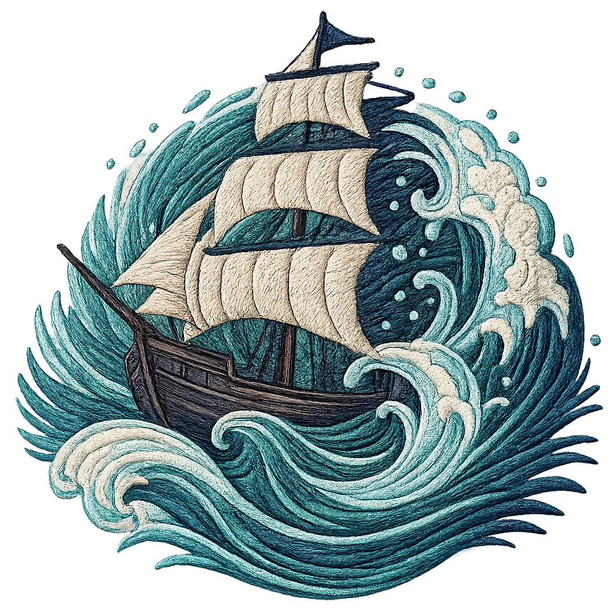 Embroidered sailing ship amidst swirling waves