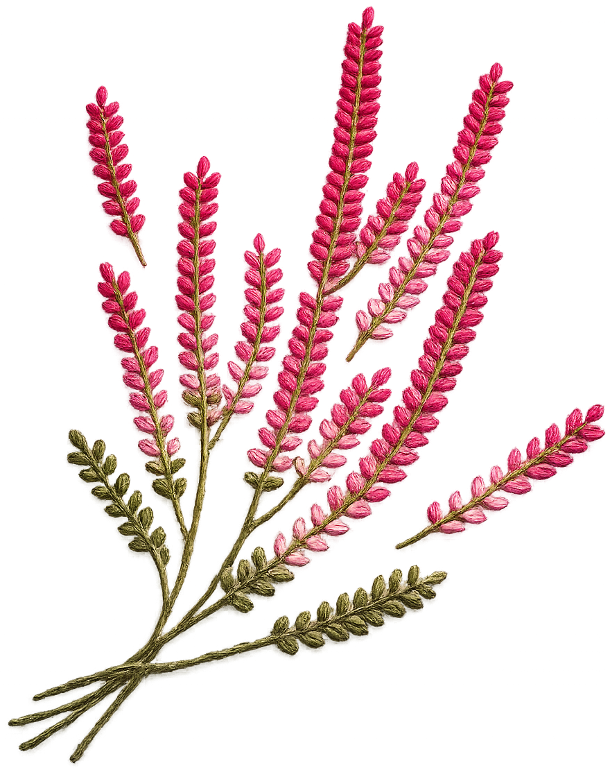 Embroidered pink heather sprigs