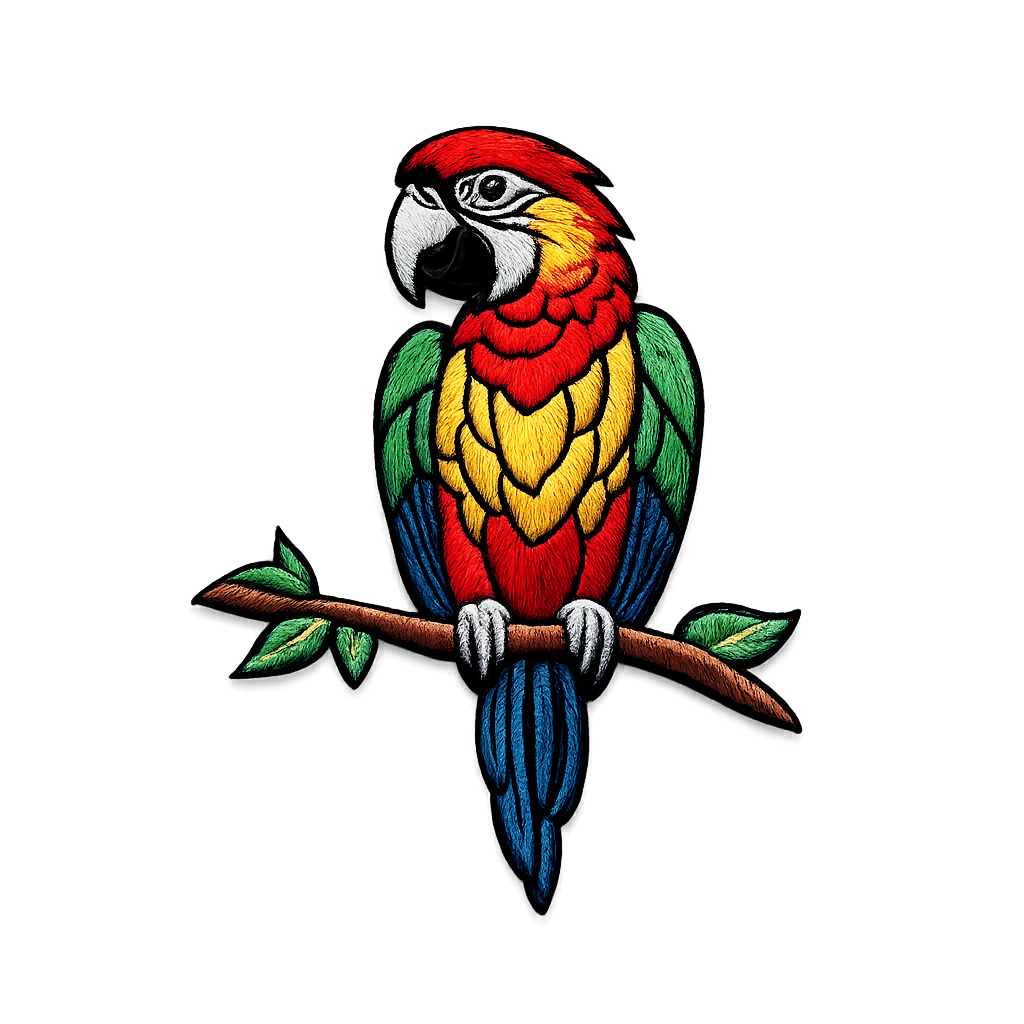 Embroidered scarlet macaw perched on branch