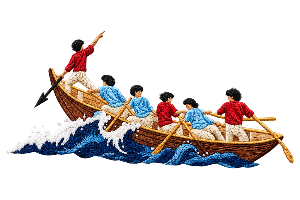 Oversized Embroidered Boat Rowers on Waves Tee